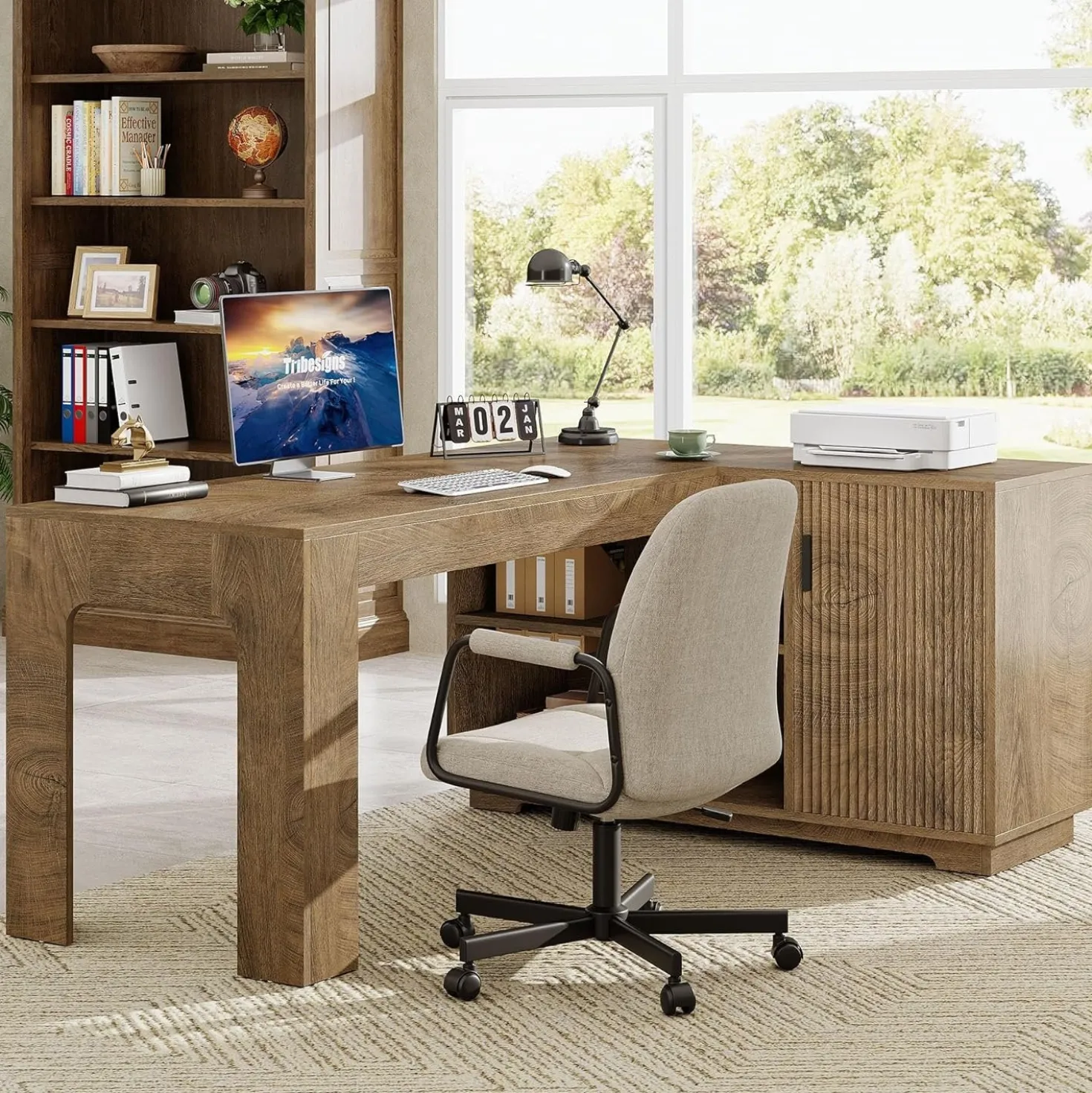 59" L-Shaped Desk with Storage Cabinet, Farmhouse Corner Computer Desk with Open Storage Shelves for Office