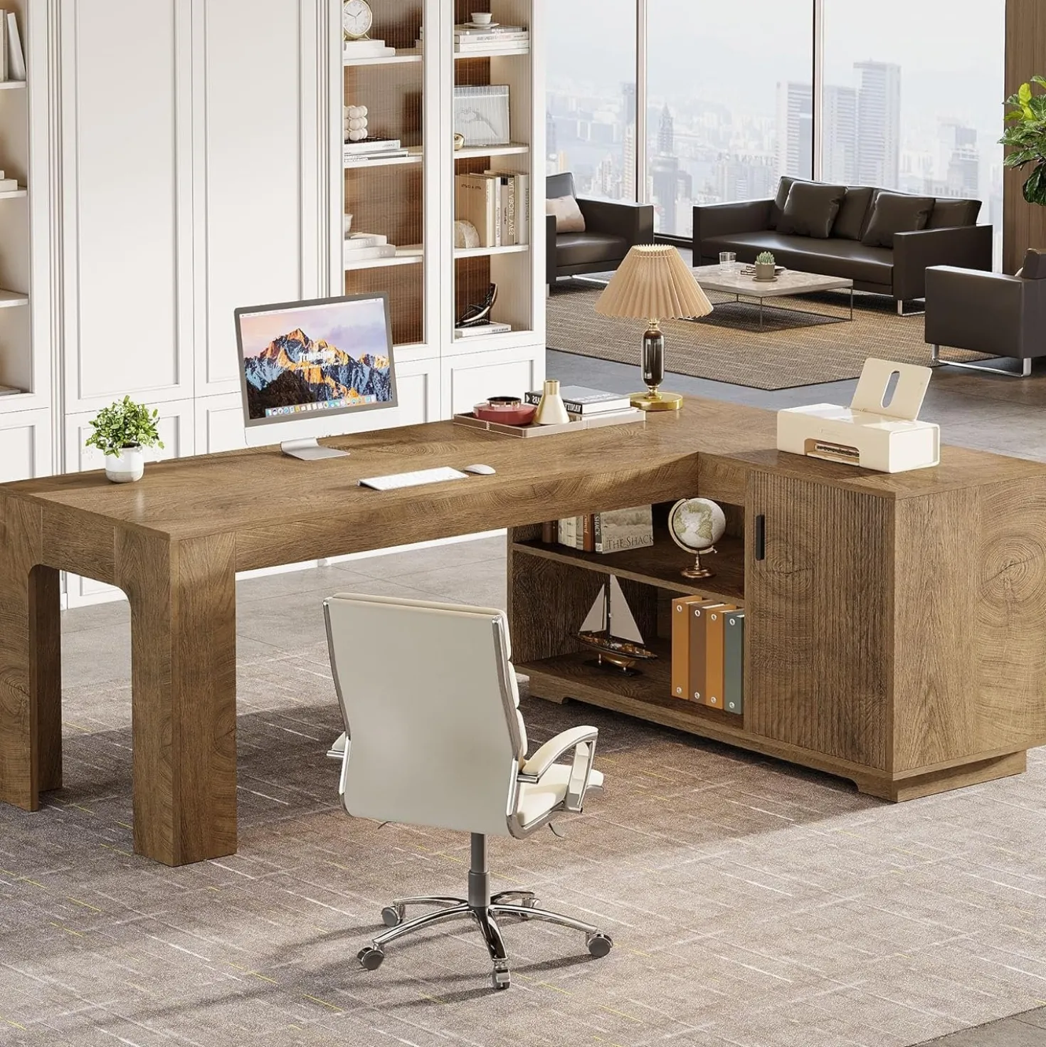 59" L-Shaped Desk with Storage Cabinet, Farmhouse Corner Computer Desk with Open Storage Shelves for Office