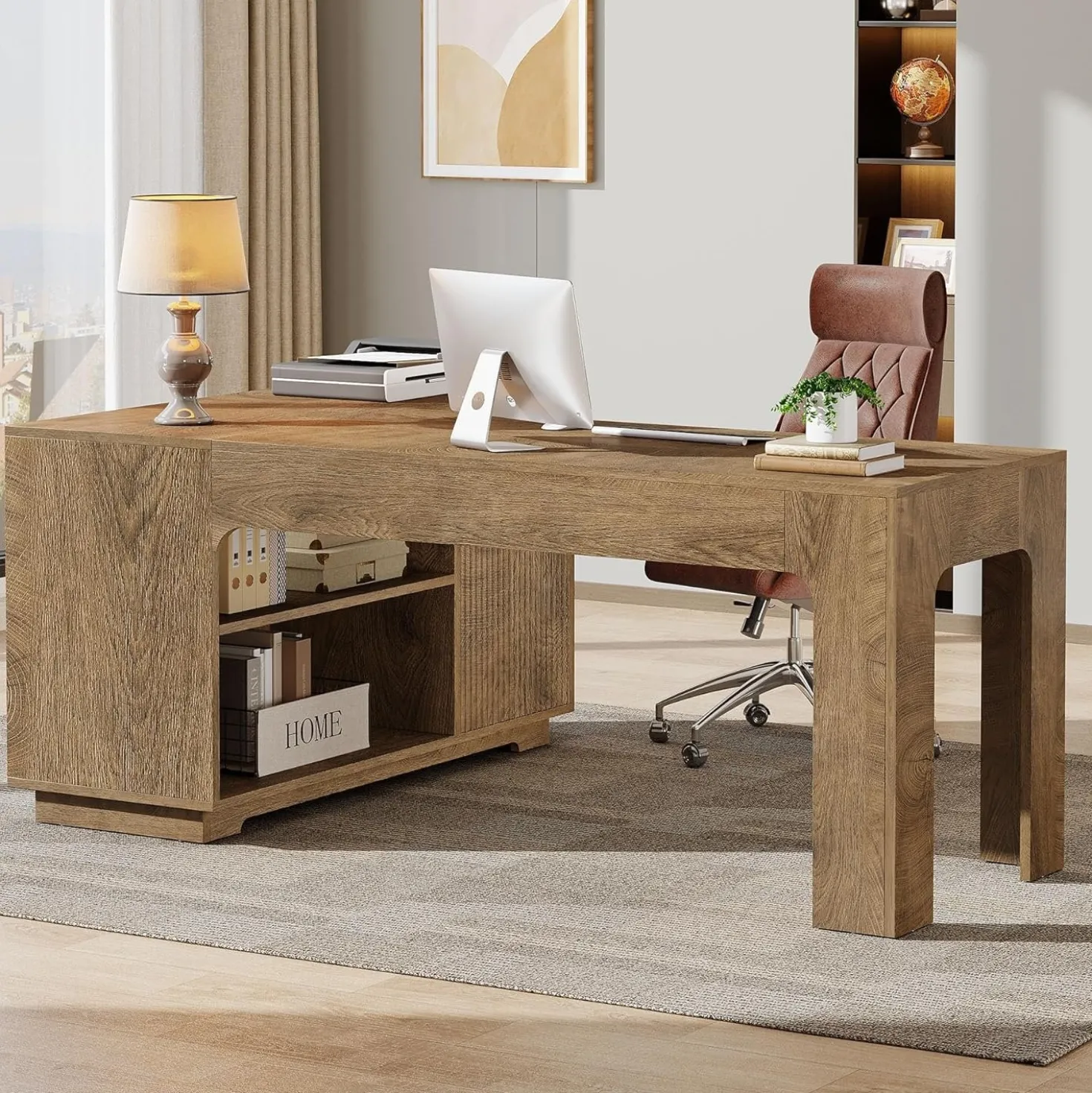 59" L-Shaped Desk with Storage Cabinet, Farmhouse Corner Computer Desk with Open Storage Shelves for Office