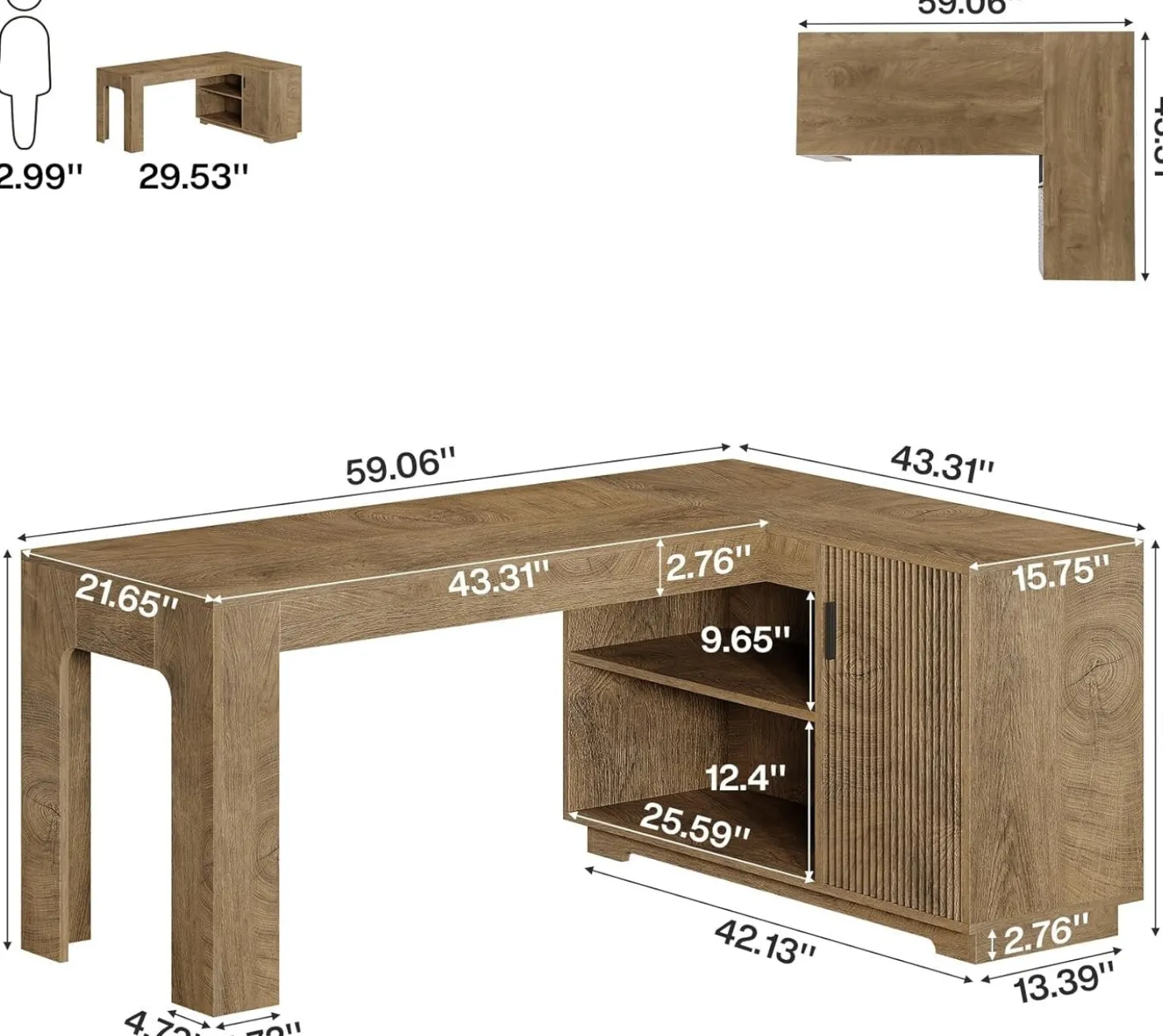 59" L-Shaped Desk with Storage Cabinet, Farmhouse Corner Computer Desk with Open Storage Shelves for Office