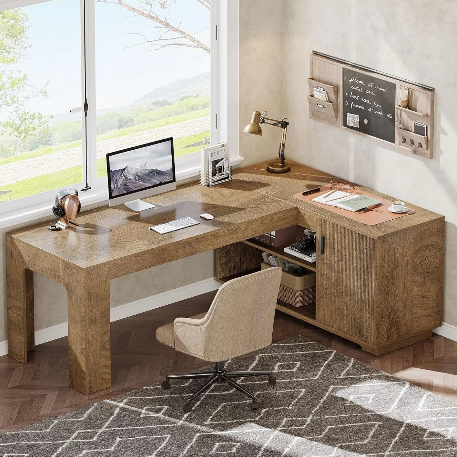 59" L-Shaped Desk with Storage Cabinet, Farmhouse Corner Computer Desk with Open Storage Shelves for Office
