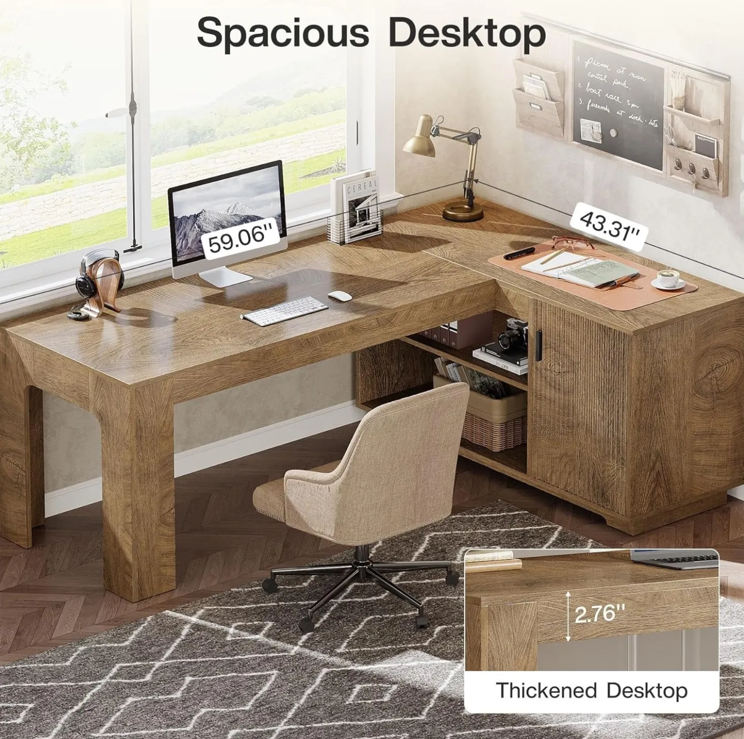 59" L-Shaped Desk with Storage Cabinet, Farmhouse Corner Computer Desk with Open Storage Shelves for Office