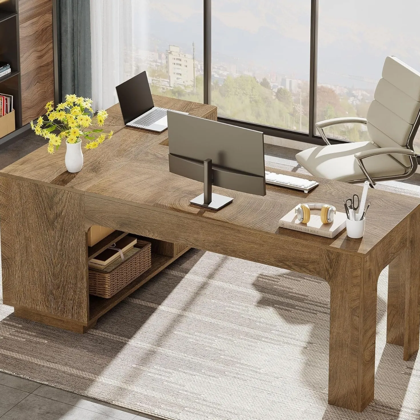 59" L-Shaped Desk with Storage Cabinet, Farmhouse Corner Computer Desk with Open Storage Shelves for Office