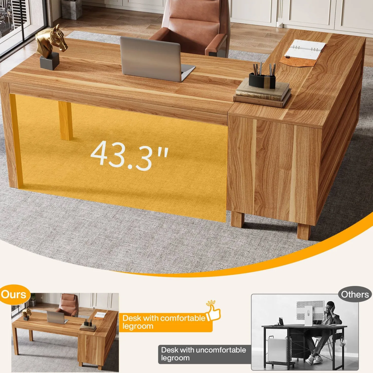 59" L-Shaped Executive Desk, Computer Desk Home Office Desk With Storage Cabinet