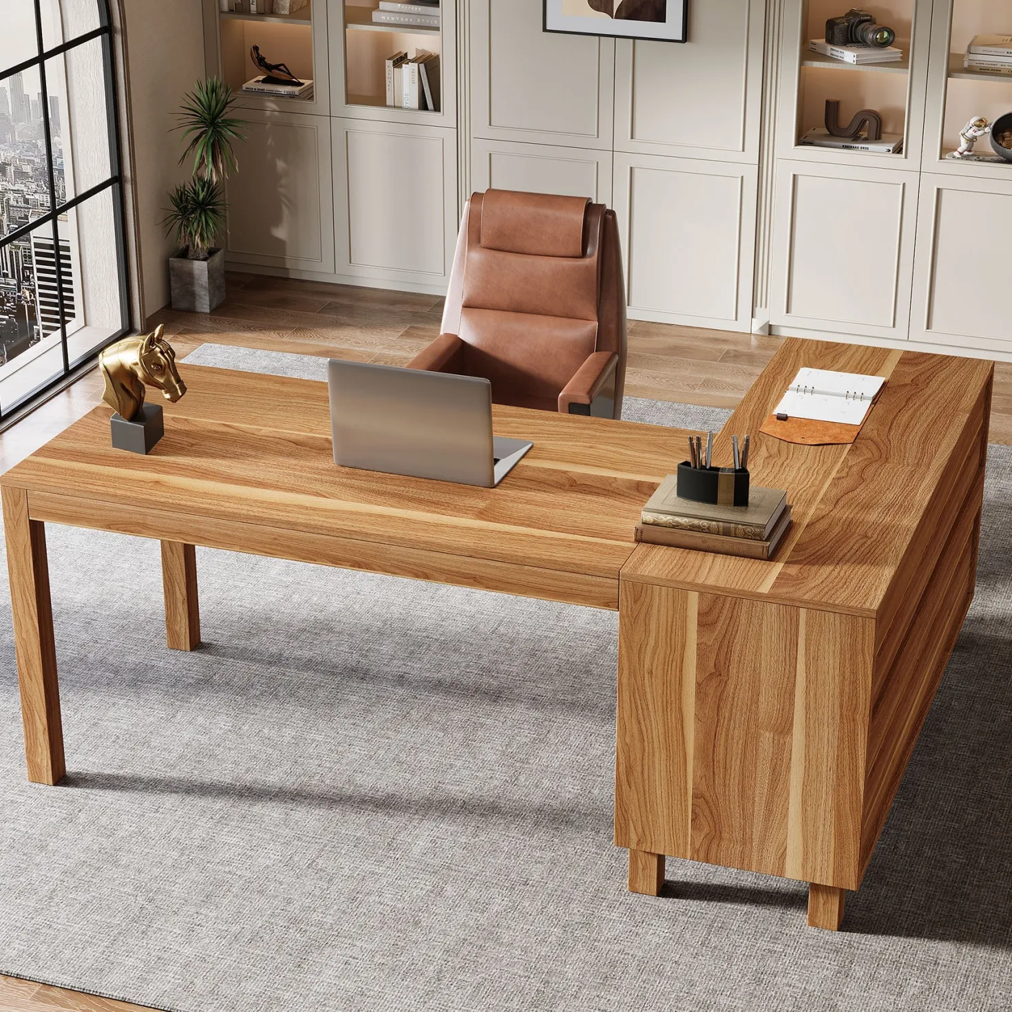 59" L-Shaped Executive Desk, Computer Desk Home Office Desk With Storage Cabinet