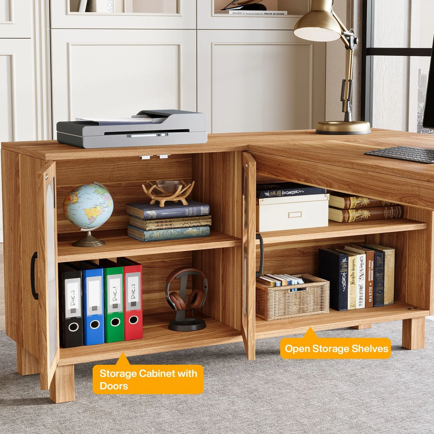59" L-Shaped Executive Desk, Computer Desk Home Office Desk With Storage Cabinet