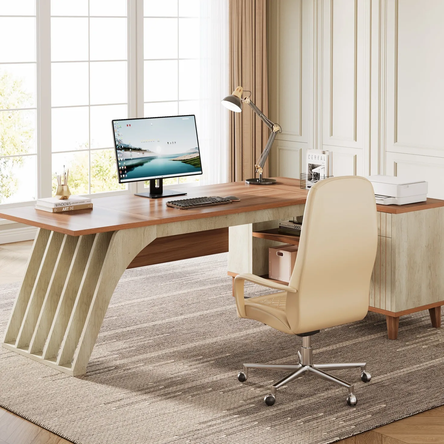 78.7" L-Shaped Executive Desk, Computer Desk Office Desk with File Cabinet