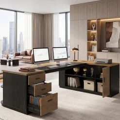 86.6" L-Shaped Executive Desk, Large Computer Desk with Drawers & 55" File Cabinet