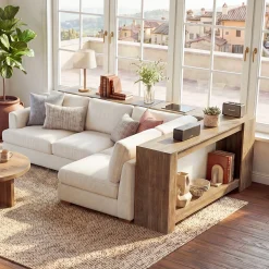 63" L-Shaped Sofa Table for Behind Couch, 2-Tier Storage Shelf for Living Room or Entryway Corner