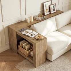 63" L-Shaped Sofa Table for Behind Couch, 2-Tier Storage Shelf for Living Room or Entryway Corner