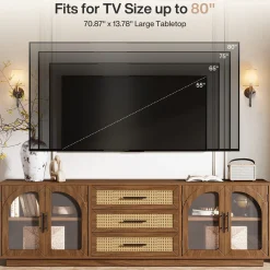 71" Mid-Century Modern TV Stand, Media Console Table with 2 Cabinets & 3 Rattan Drawers