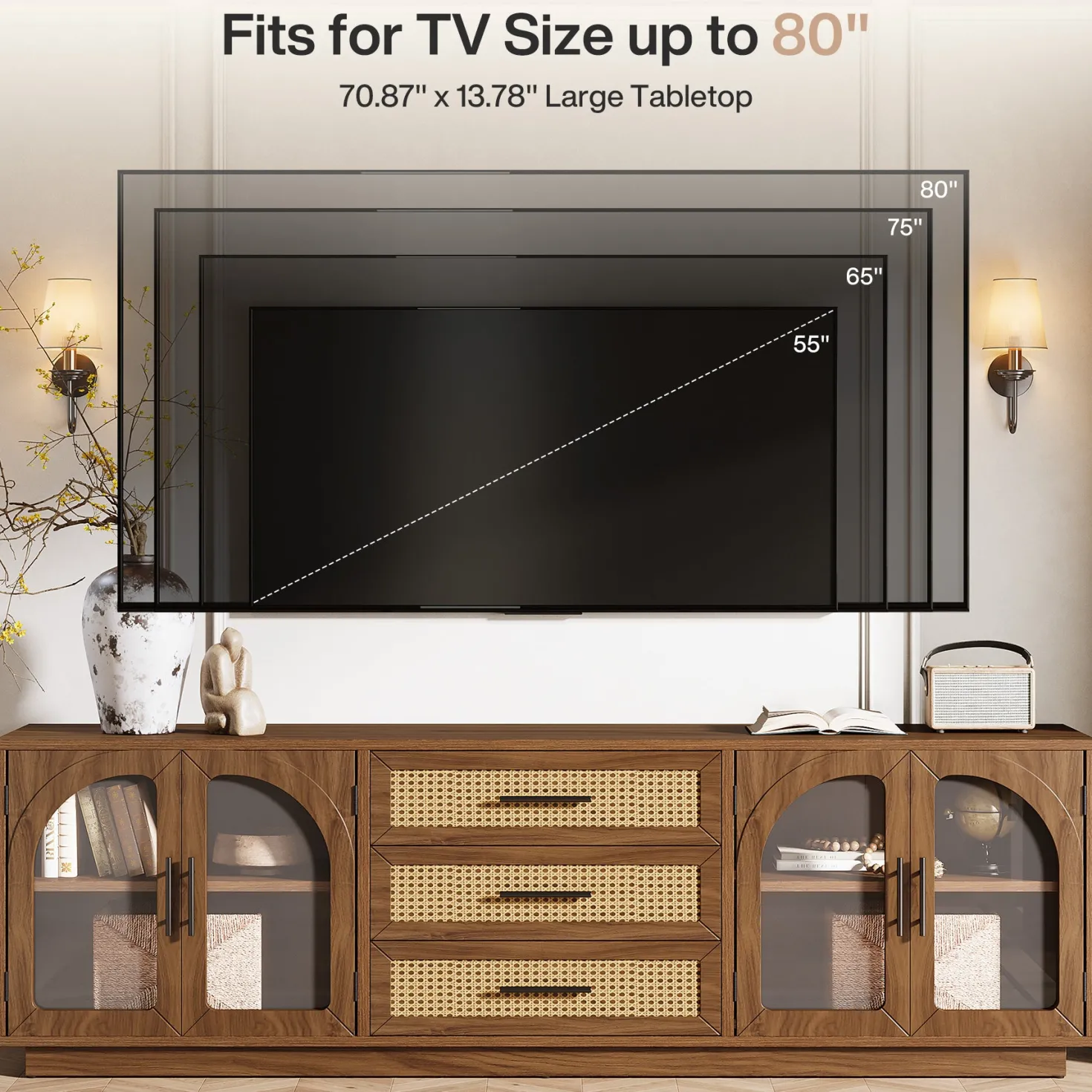 71" Mid-Century Modern TV Stand, Media Console Table with 2 Cabinets & 3 Rattan Drawers