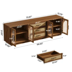 71" Mid-Century Modern TV Stand, Media Console Table with 2 Cabinets & 3 Rattan Drawers