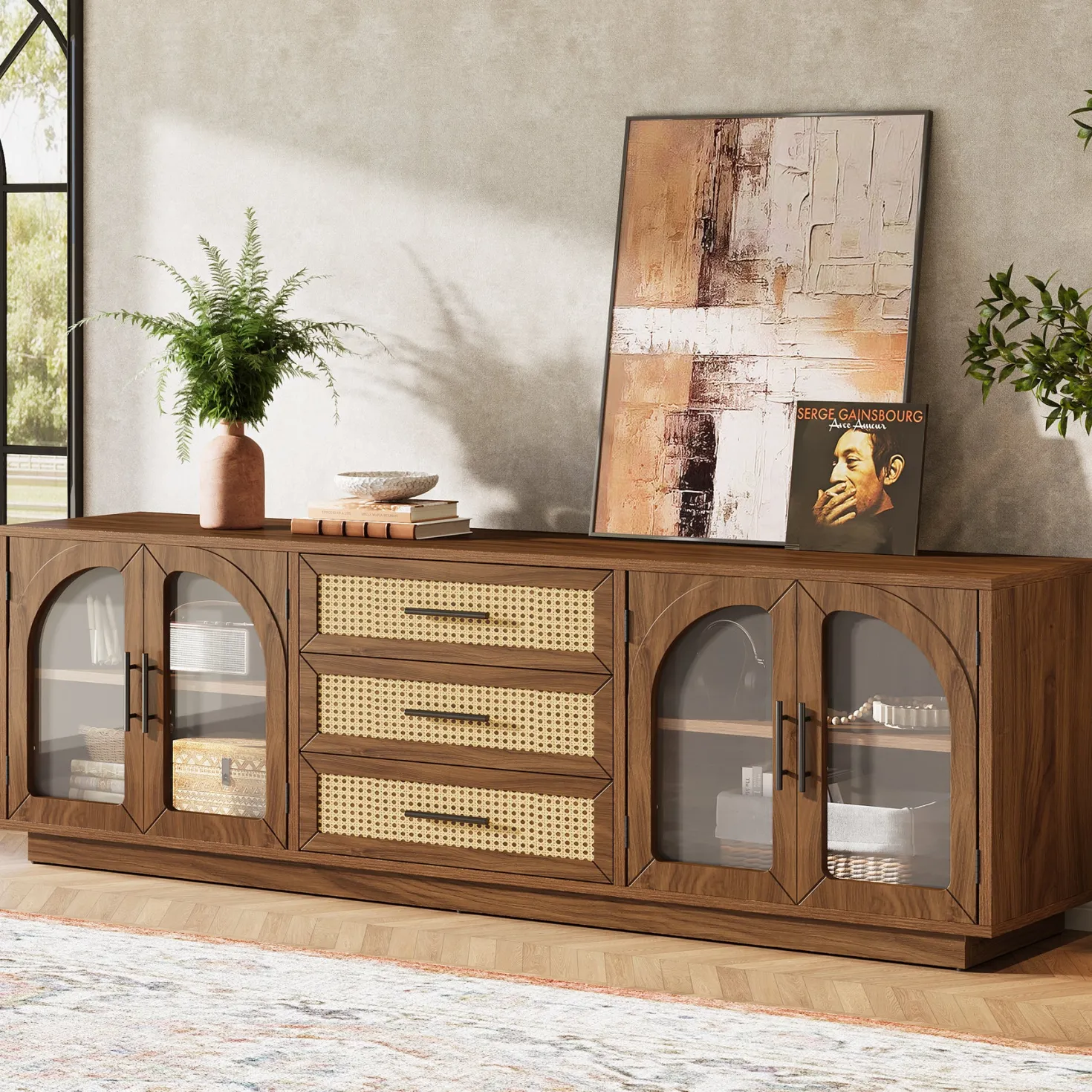 71" Mid-Century Modern TV Stand, Media Console Table with 2 Cabinets & 3 Rattan Drawers
