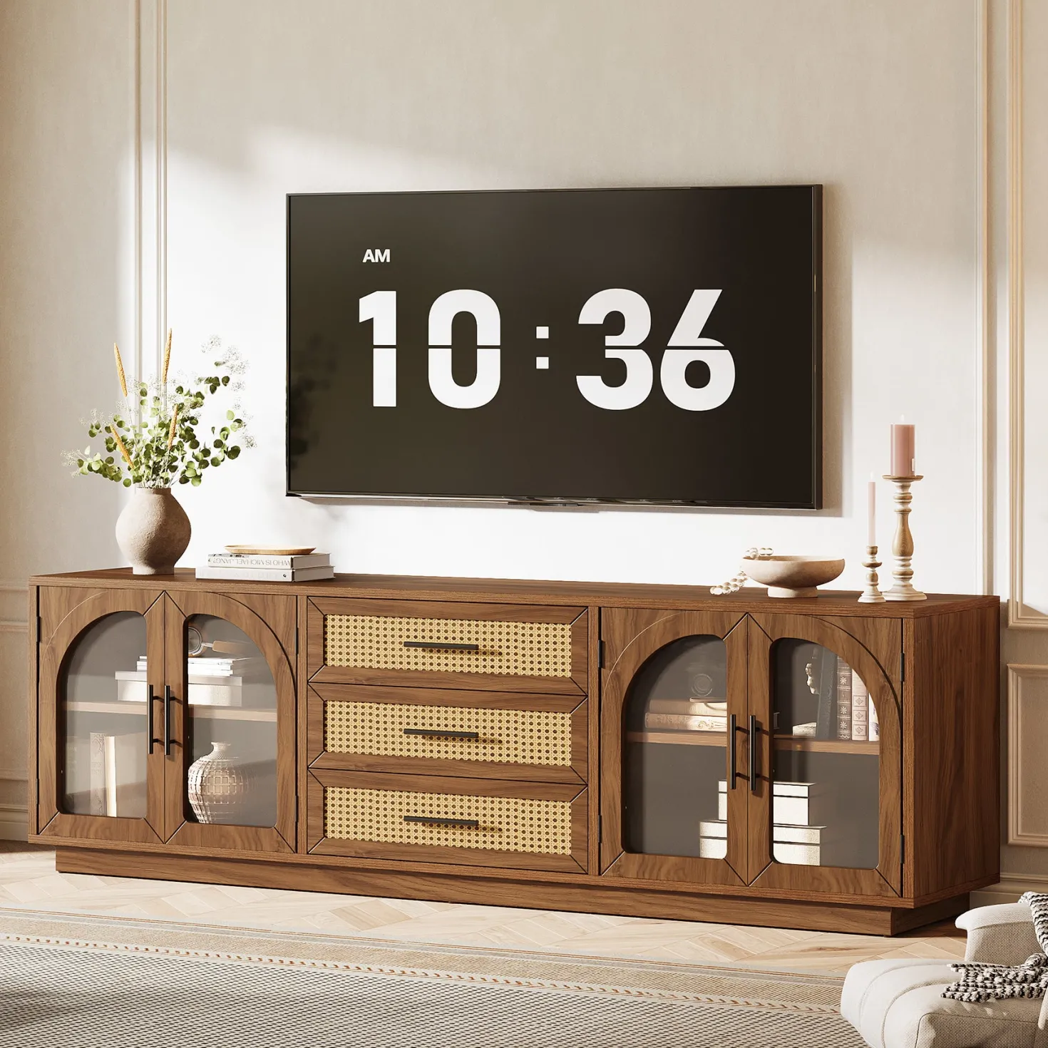 71" Mid-Century Modern TV Stand, Media Console Table with 2 Cabinets & 3 Rattan Drawers