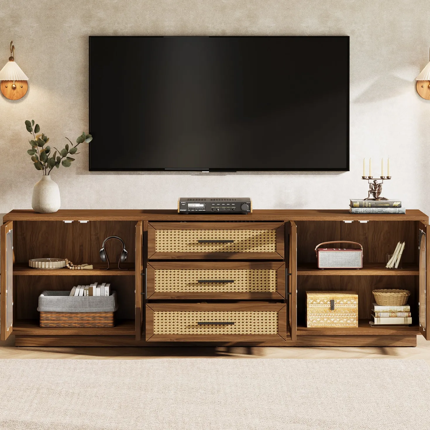 71" Mid-Century Modern TV Stand, Media Console Table with 2 Cabinets & 3 Rattan Drawers