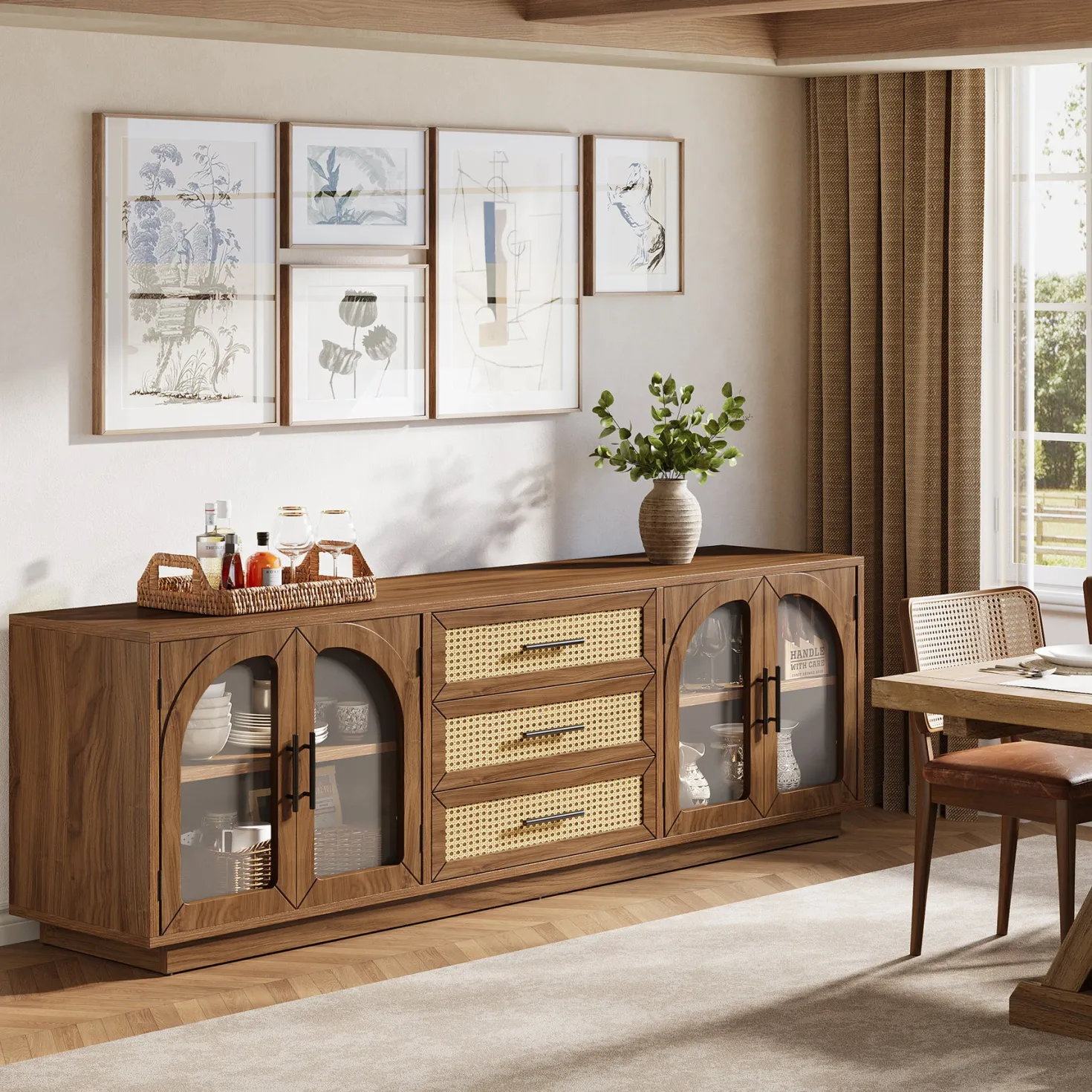 71" Mid-Century Modern TV Stand, Media Console Table with 2 Cabinets & 3 Rattan Drawers