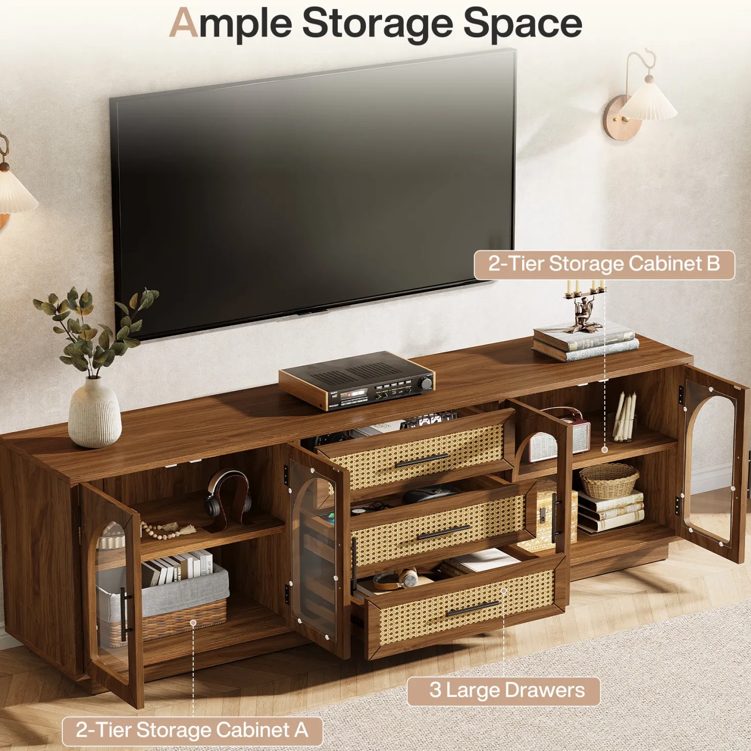 71" Mid-Century Modern TV Stand, Media Console Table with 2 Cabinets & 3 Rattan Drawers