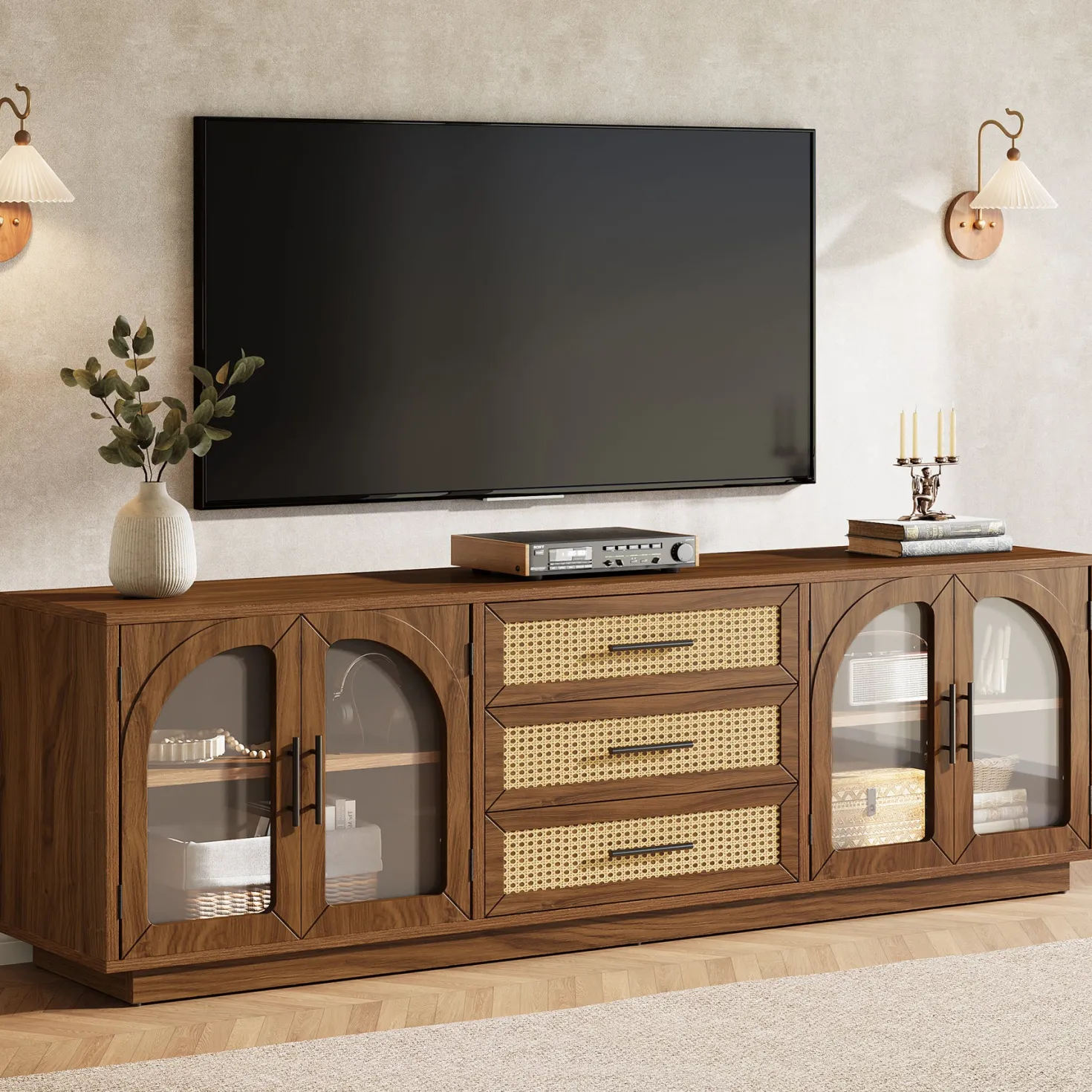 71" Mid-Century Modern TV Stand, Media Console Table with 2 Cabinets & 3 Rattan Drawers