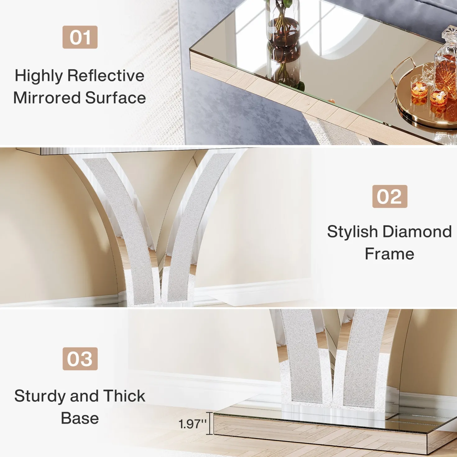 39" Mirrored Console Table, Modern Silver Entryway Table