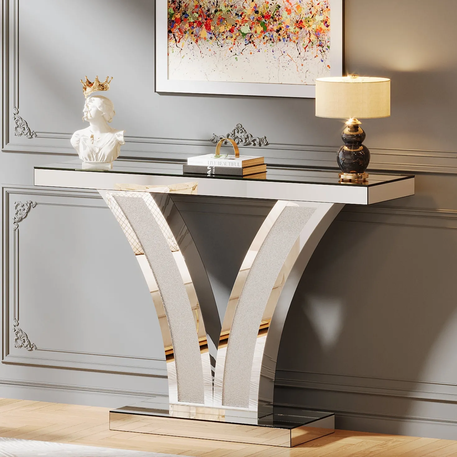 39" Mirrored Console Table, Modern Silver Entryway Table