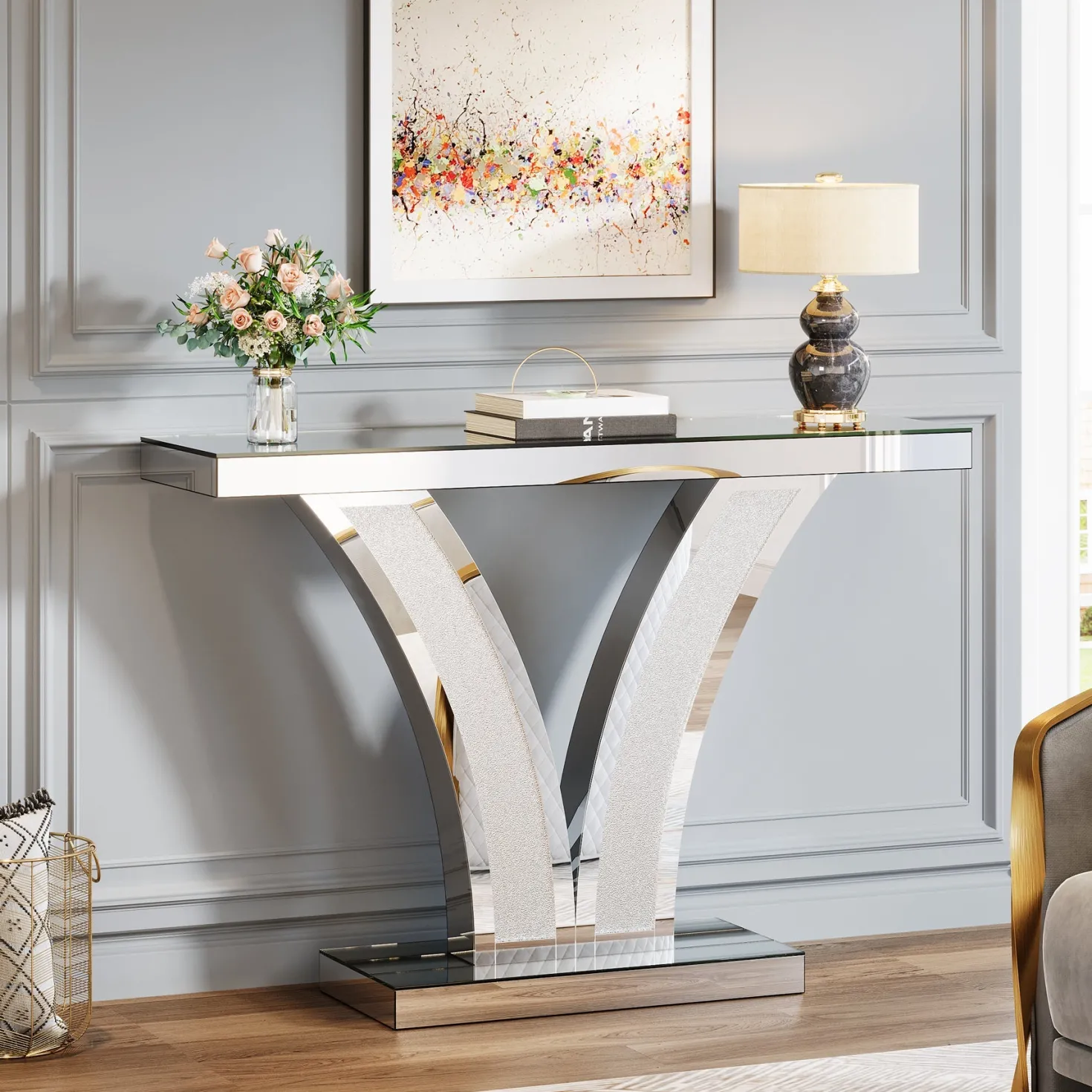 39" Mirrored Console Table, Modern Silver Entryway Table