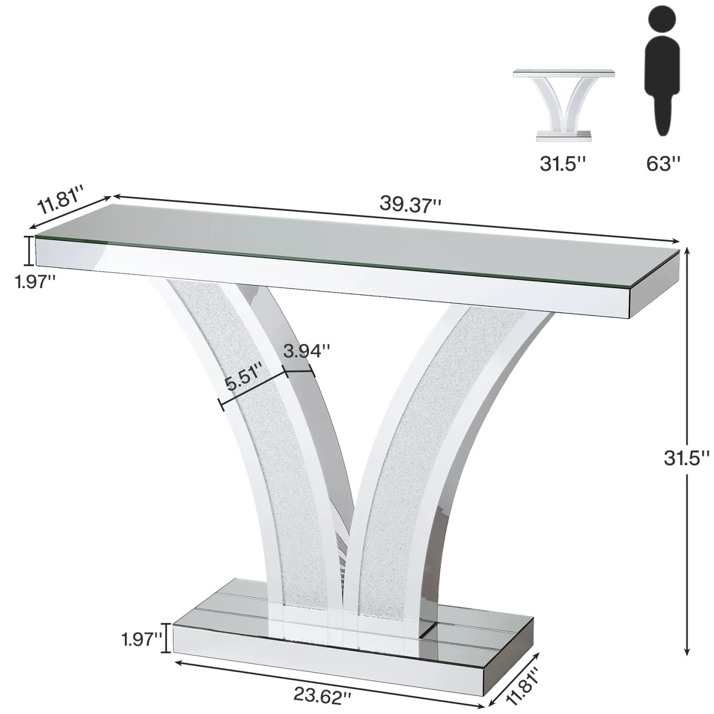 39" Mirrored Console Table, Modern Silver Entryway Table