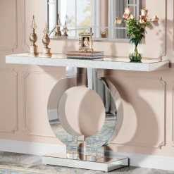 43" Mirrored Console Table, Modern Silver Sofa Table with O-Shaped Base