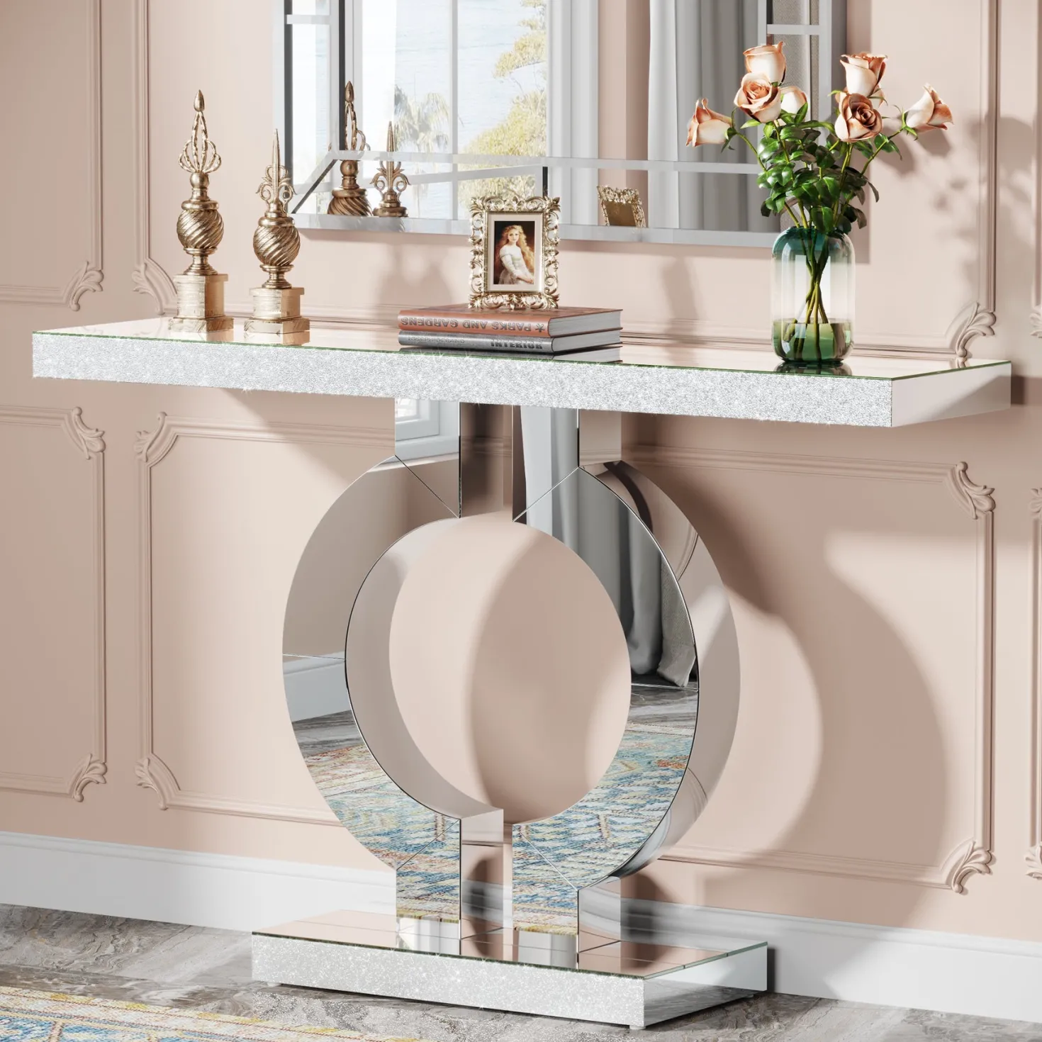 43" Mirrored Console Table, Modern Silver Sofa Table with O-Shaped Base