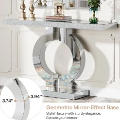 43" Mirrored Console Table, Modern Silver Sofa Table with O-Shaped Base