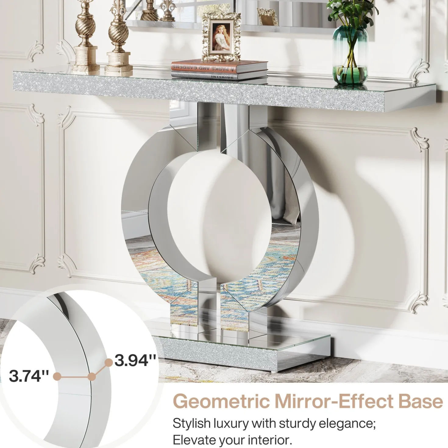 43" Mirrored Console Table, Modern Silver Sofa Table with O-Shaped Base