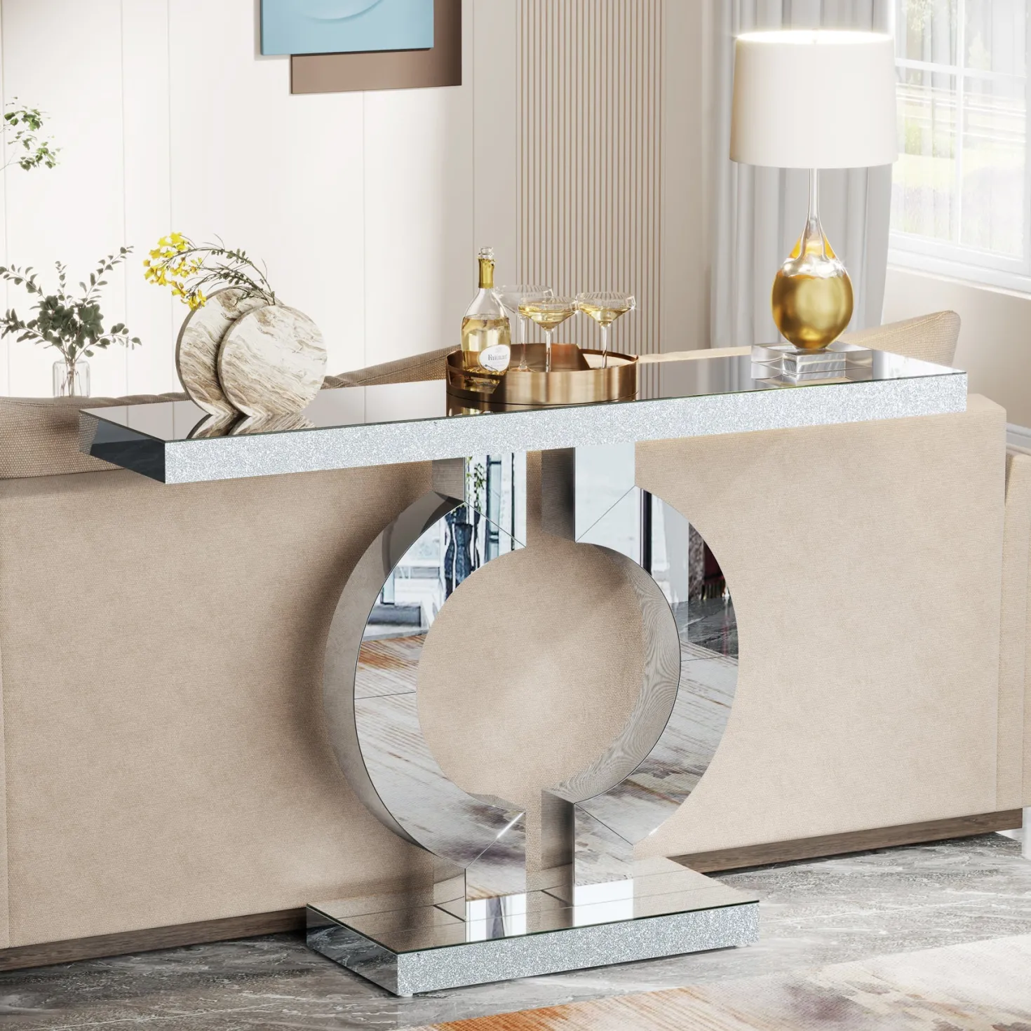 43" Mirrored Console Table, Modern Silver Sofa Table with O-Shaped Base