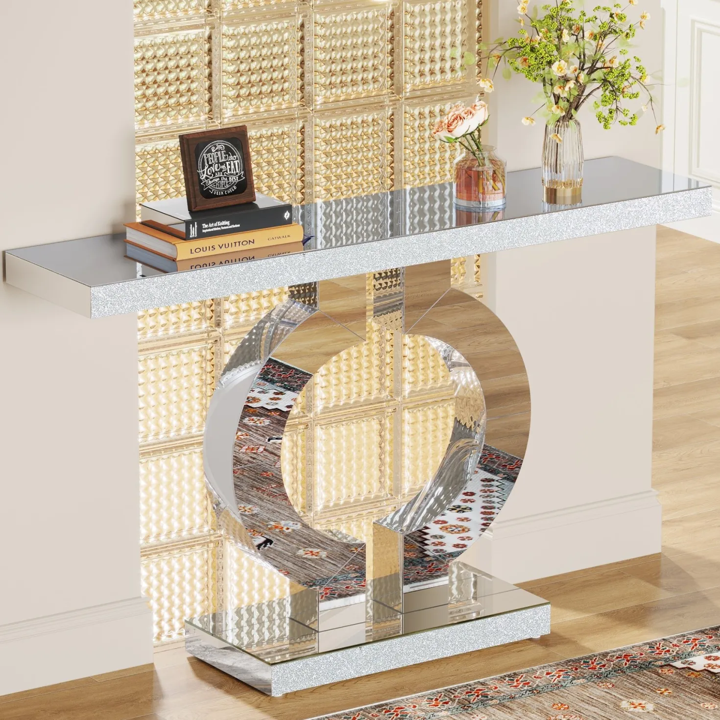 43" Mirrored Console Table, Modern Silver Sofa Table with O-Shaped Base