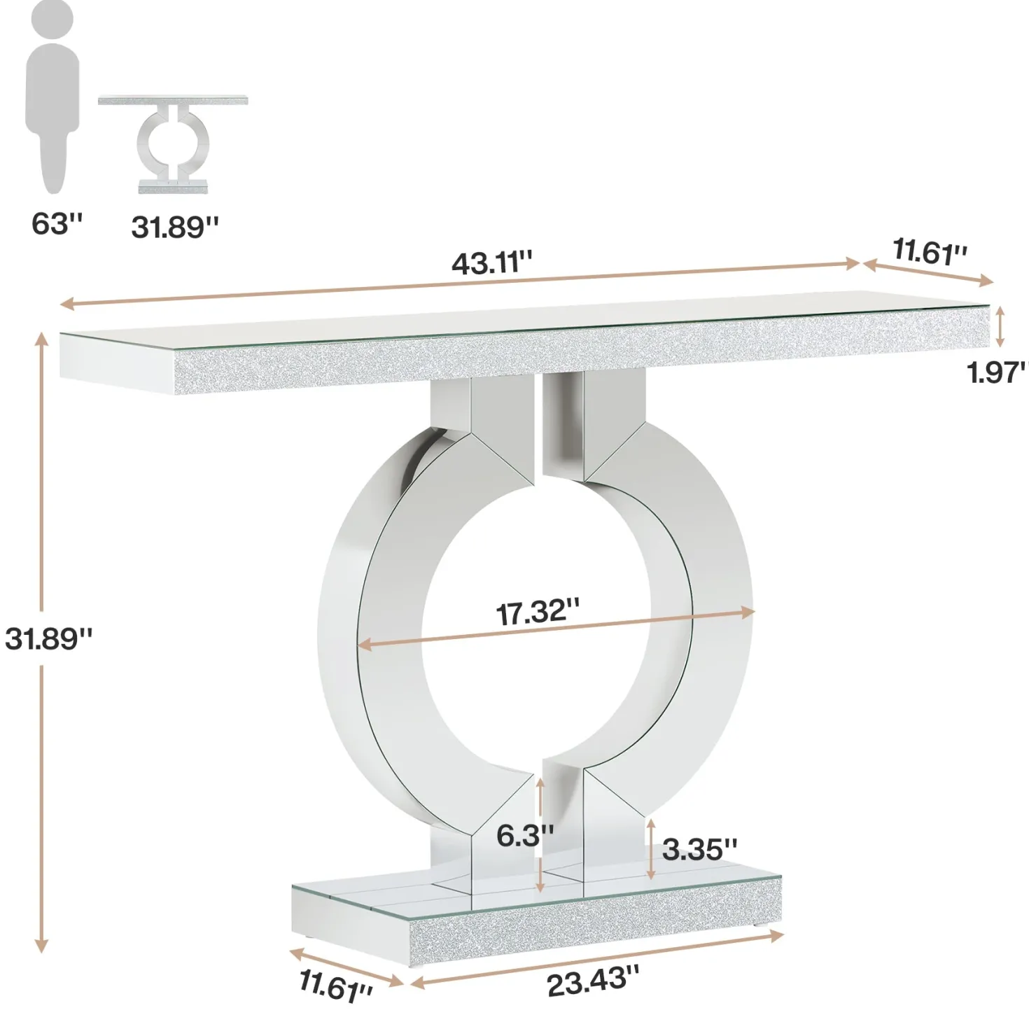 43" Mirrored Console Table, Modern Silver Sofa Table with O-Shaped Base