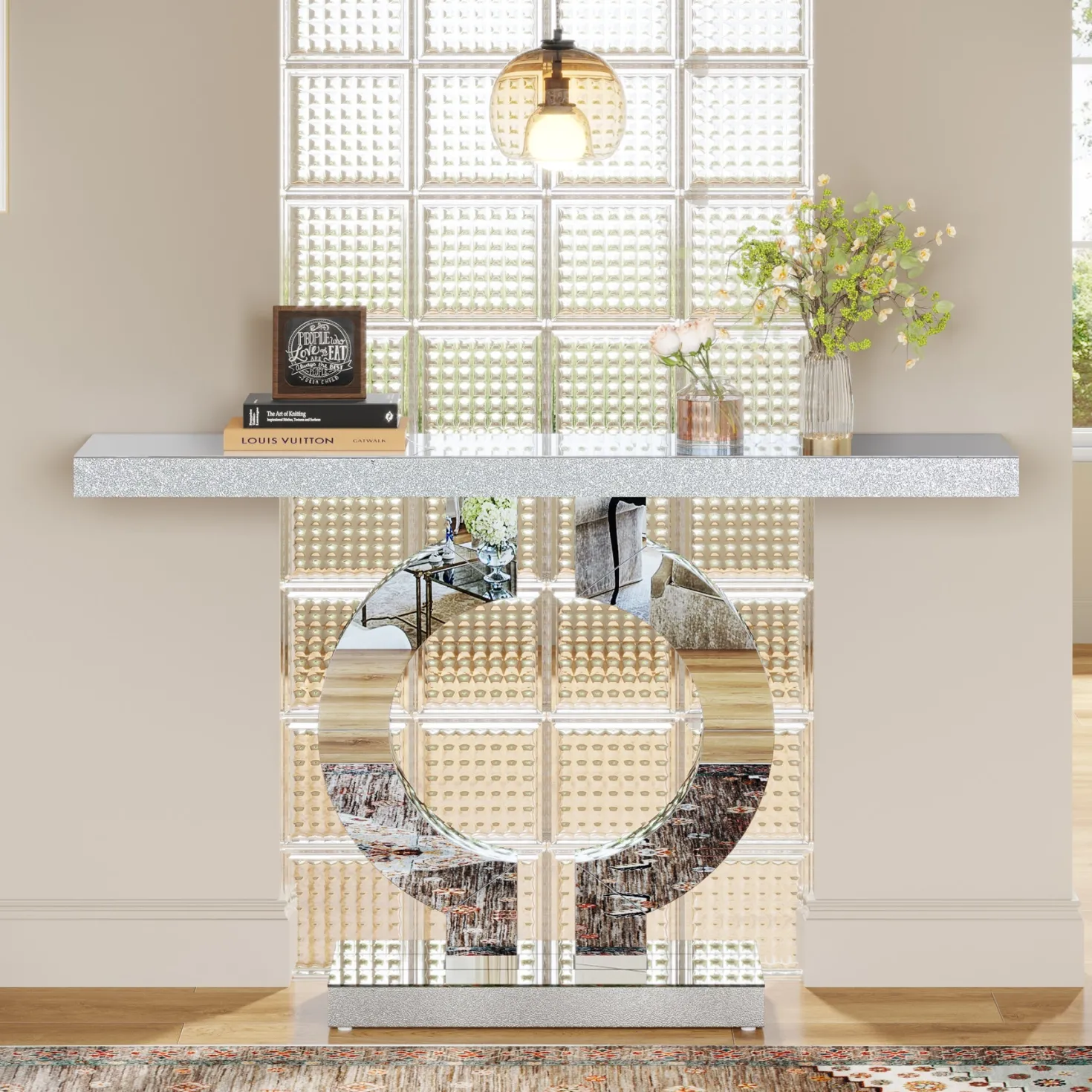 43" Mirrored Console Table, Modern Silver Sofa Table with O-Shaped Base