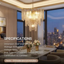 23.6” Modern Chandelier, 10-Light Water Ripple Glass Pendant Ceiling Light