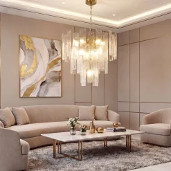 23.6” Modern Chandelier, 10-Light Water Ripple Glass Pendant Ceiling Light