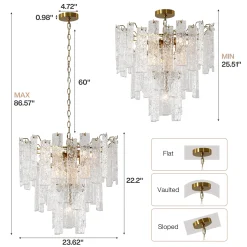 23.6” Modern Chandelier, 10-Light Water Ripple Glass Pendant Ceiling Light