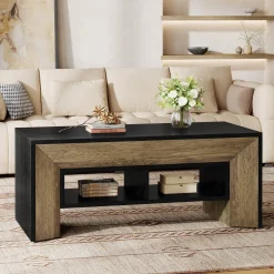 47" Modern Coffee Table, Rectangular Center Table with 2-Tier Storage