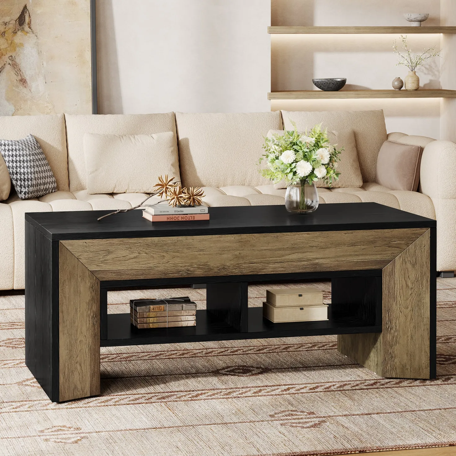 47" Modern Coffee Table, Rectangular Center Table with 2-Tier Storage
