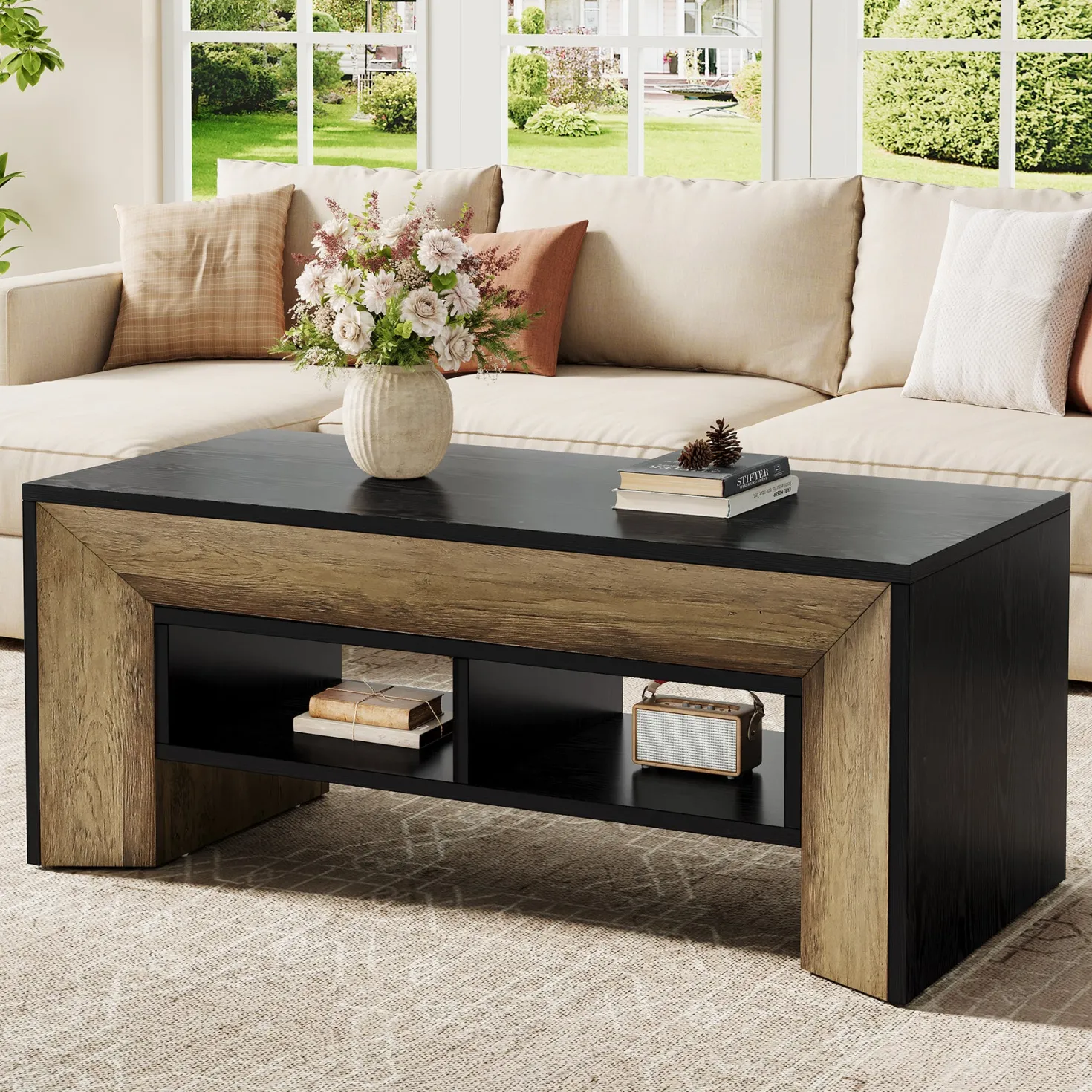 47" Modern Coffee Table, Rectangular Center Table with 2-Tier Storage