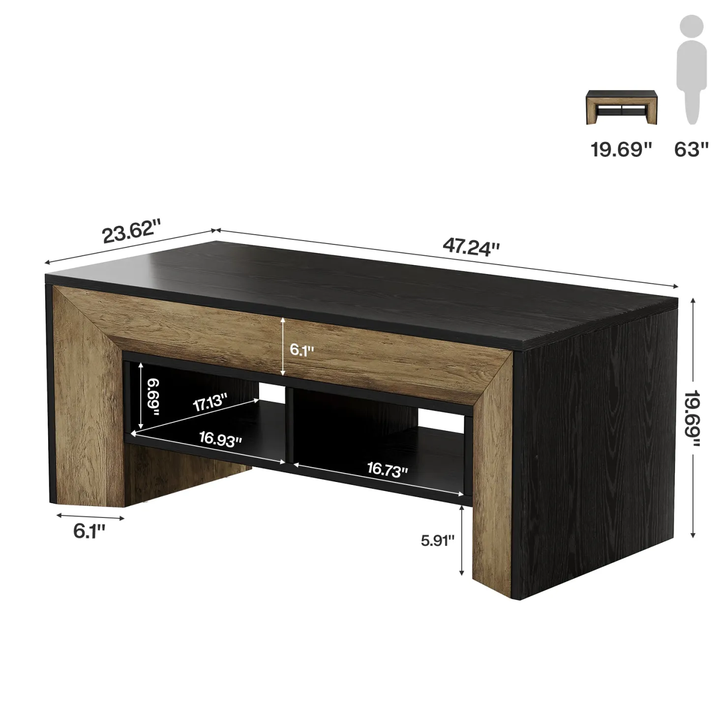47" Modern Coffee Table, Rectangular Center Table with 2-Tier Storage