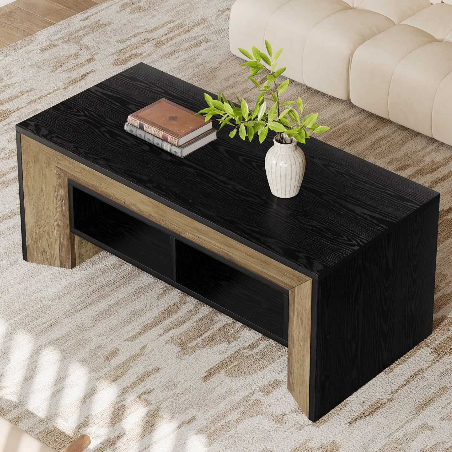 47" Modern Coffee Table, Rectangular Center Table with 2-Tier Storage