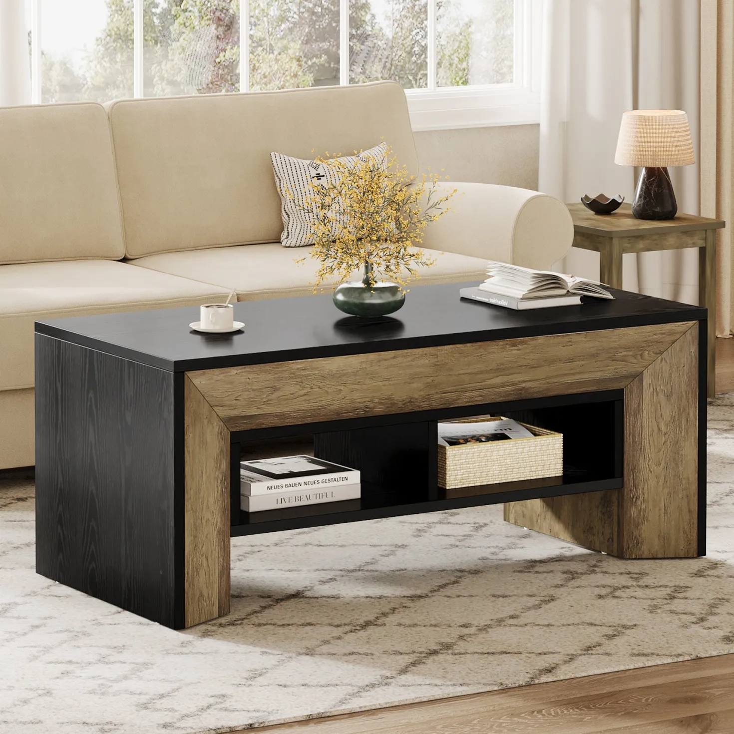 47" Modern Coffee Table, Rectangular Center Table with 2-Tier Storage