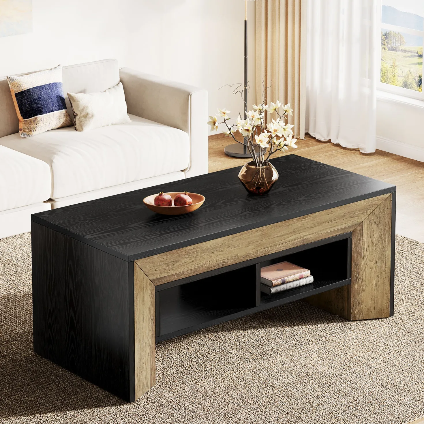47" Modern Coffee Table, Rectangular Center Table with 2-Tier Storage