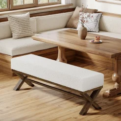 51" Modern Dining Bench, Solid Wood Kitchen Stool with Faux Shearling Padded Seat
