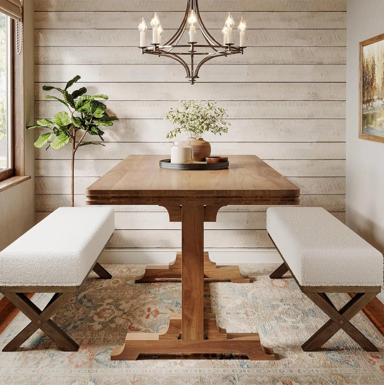 51" Modern Dining Bench, Solid Wood Kitchen Stool with Faux Shearling Padded Seat