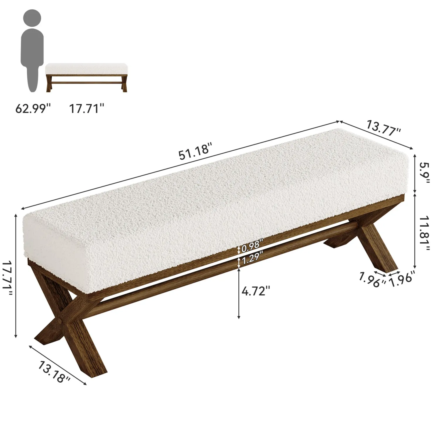 51" Modern Dining Bench, Solid Wood Kitchen Stool with Faux Shearling Padded Seat