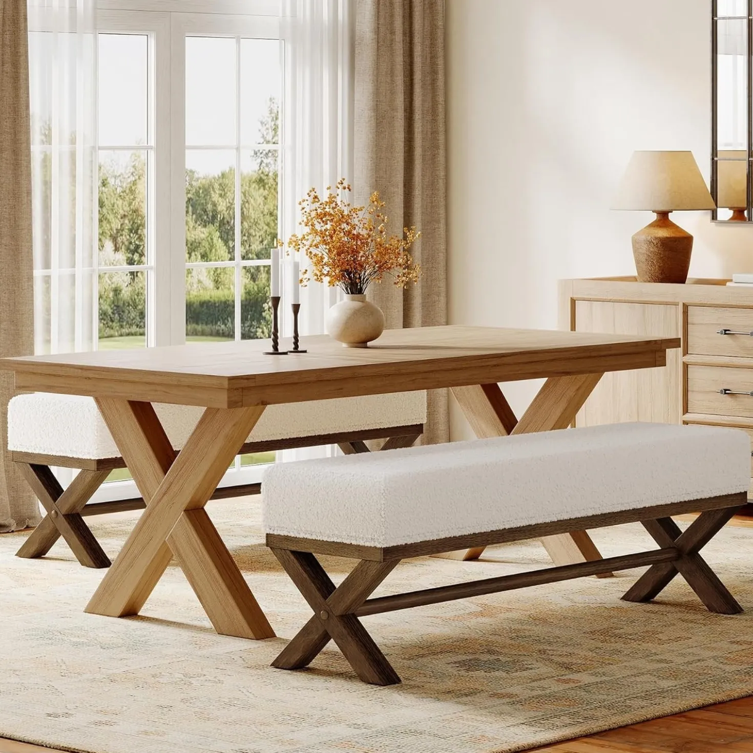 51" Modern Dining Bench, Solid Wood Kitchen Stool with Faux Shearling Padded Seat