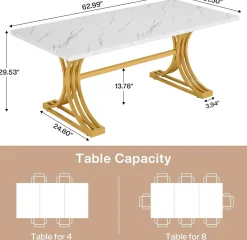 63" Modern Dining Table with Faux Marble Tabletop & Metal Legs